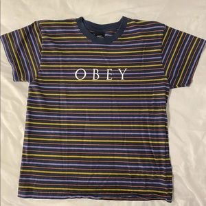 Obey Men's Striped T-Shirt Navy Blue Size S